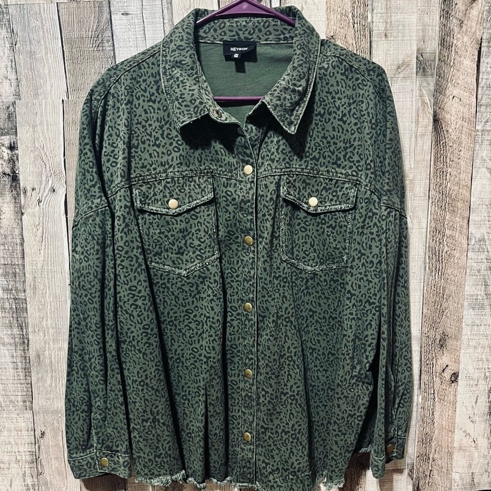 Green Leopard Print Women's Shirt Jacket